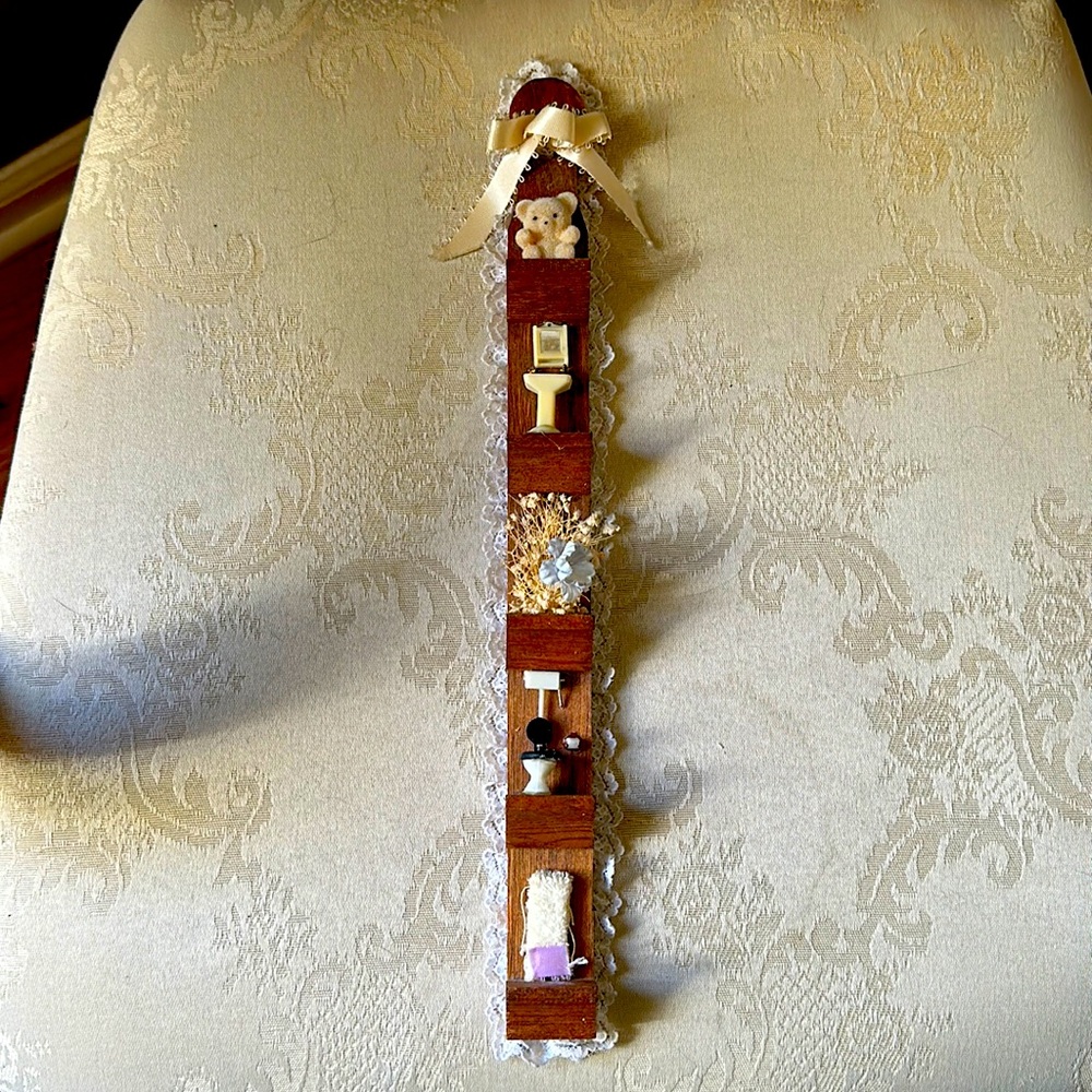 Adorable 1970s retro handmade wooden miniature shelf perfect for a bathroom